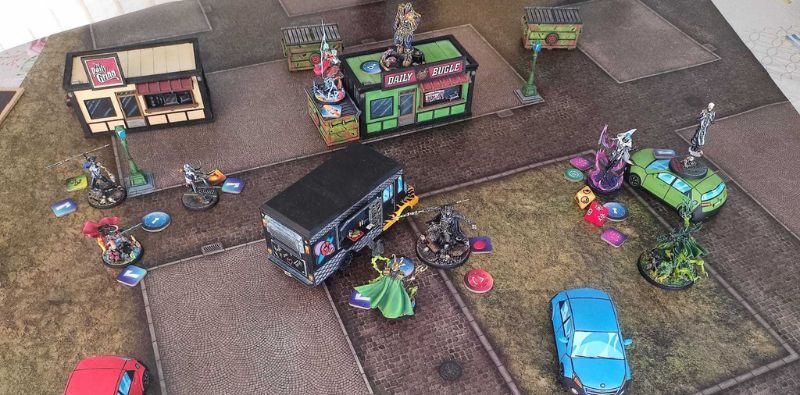 Marvel: Crisis Protocol game with painted buildings